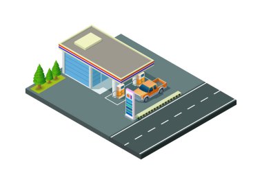 Arabaları ve yolları olan Isometric yakıt veya benzin istasyonu binası