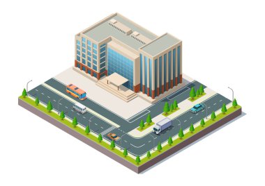 Isometric modern building with highway