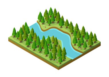 Çam ormanının içinden geçen güzel izometrik doğal nehir