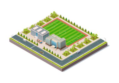 Isometric devlet okulu binası. Spor stadyumu olan bir dış okul binası..