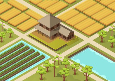 Isome güzel doğal pirinç tarlası manzarası. Ayrıntılı vektör illüstrasyonu