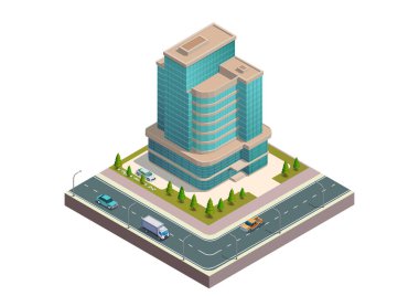 Isometric modern building with highway