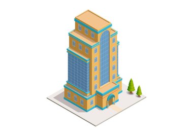 Beyaz arka planda izole edilmiş Isometric otel veya ofis binası.