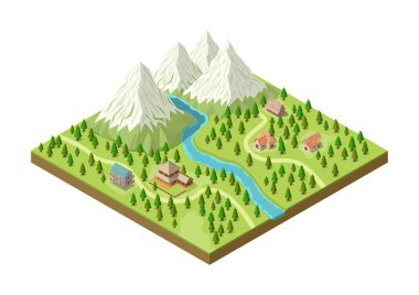 Köyü, nehri ve ormanı olan izometrik güzel dağ