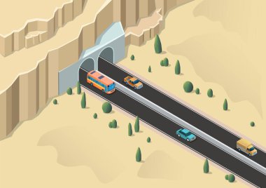 Isometric karayolu çölde bir tünelden geçiyor.