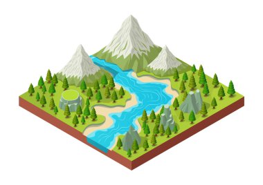 Doğal nehir ve çam ormanıyla Isome güzel karlı dağı