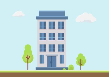 Gökyüzü arka planındaki basit düz vektör ofisi veya apartman binası