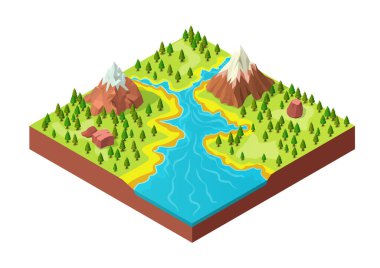 Karlı dağları ve çam ormanlarıyla izometrik doğal büyük nehir.