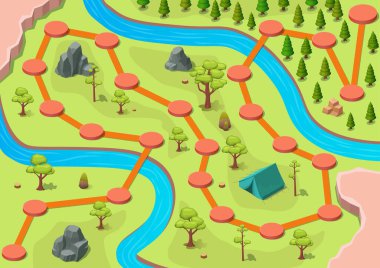 Sahne güzergahlı Orman Oyun Haritası ve Çadır, Nehir, Kayalık ve Ağaçlı Yeşil Topraklar