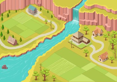 Şelale, nehir ve tarımsal alanla güzel doğa izometrik stili