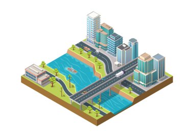 Modern gökdelen binaları, güzel büyük nehir deltası ve yükseltilmiş otoyolu olan Isome şehri.