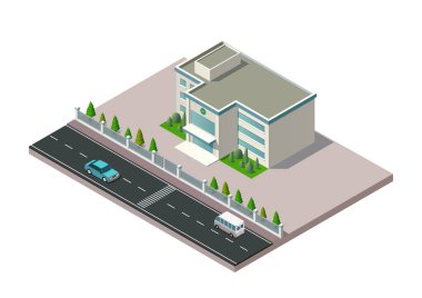 Otoyolu olan Isometric basit modern hastane binası