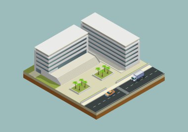 Karayolu ile Isometric modern okul veya üniversite binası