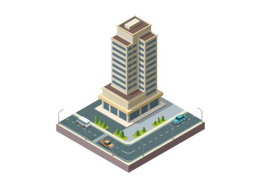 Isometric Modern ofis veya otobanı ve bazı araçları olan otel binası