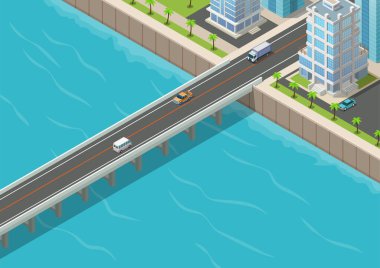 Gökdelenleri olan bir şehre giden Isometric köprüsü