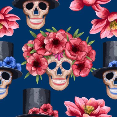 Suluboya Da de los Muertos desenli. Koyu arkaplanda parlak suluboya şeker kafatasları ve renkli çiçekleri barındıran dipsiz desenli Koyu Arkaplan Kurukafa desenli. Temalı tekstil, ambalaj, ambalaj ve festival dekorasyonu için mükemmel..