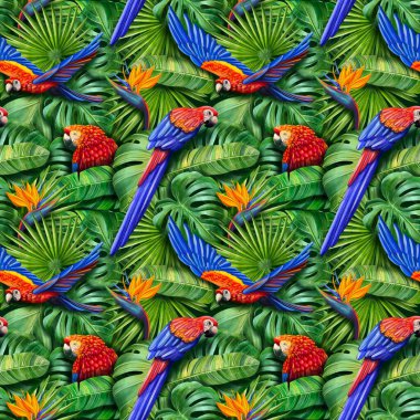   Tropikal Papağan ve Egzotik Çiçekler Kusursuz Desen. Papağan, nilüfer, protea, strelitzia ve palmiye yapraklı parlak, pürüzsüz tropikal desen. Tekstil, ambalaj, markalaşma ve yaz ürünleri için mükemmel.