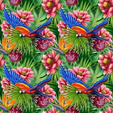   Tropikal Papağan ve Egzotik Çiçekler Kusursuz Desen. Papağan, nilüfer, protea, strelitzia ve palmiye yapraklı parlak, pürüzsüz tropikal desen. Tekstil, ambalaj, markalaşma ve yaz ürünleri için mükemmel.