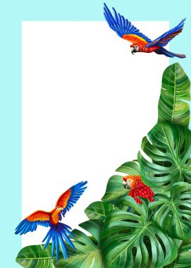   Çiçekli ve orman yapraklı tropik papağan kartpostalı. Yaz kutlamaları, tatil anıları ya da egzotik davetiyeler için ideal. Canlı suluboya ile elle boyanmış..