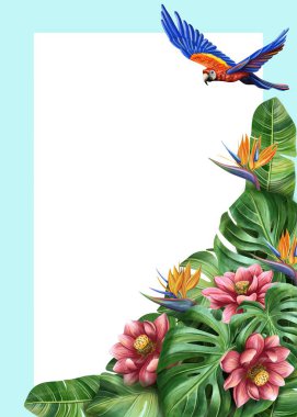   Çiçekli ve orman yapraklı tropik papağan kartpostalı. Yaz kutlamaları, tatil anıları ya da egzotik davetiyeler için ideal. Canlı suluboya ile elle boyanmış..