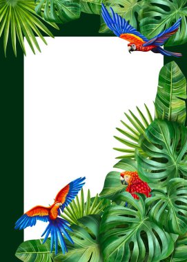   Çiçekli ve orman yapraklı tropik papağan kartpostalı. Yaz kutlamaları, tatil anıları ya da egzotik davetiyeler için ideal. Canlı suluboya ile elle boyanmış..