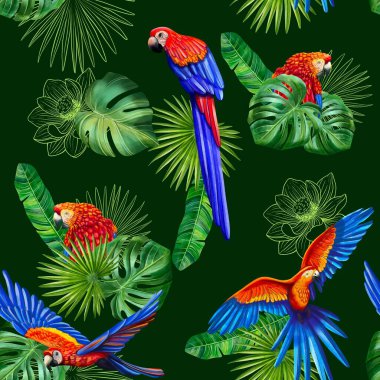   Tropikal Papağan ve Egzotik Çiçekler Kusursuz Desen. Papağan, nilüfer, protea, strelitzia ve palmiye yapraklı parlak, pürüzsüz tropikal desen. Tekstil, ambalaj, markalaşma ve yaz ürünleri için mükemmel.
