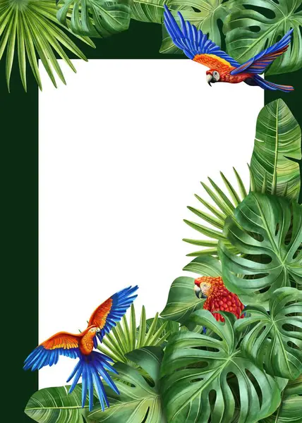   Çiçekli ve orman yapraklı tropik papağan kartpostalı. Yaz kutlamaları, tatil anıları ya da egzotik davetiyeler için ideal. Canlı suluboya ile elle boyanmış..