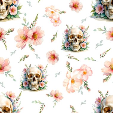   Çiçeksiz Gotik desenli suluboya kafatası. Kusursuz suluboya desenli yumuşak pembe çiçekler ve yeşillik içeren gerçekçi kafatasları. Ölüler Günü için uygun, Cadılar Bayramı, tekstil baskıları, hediye paketi, kırtasiye ve dijital 