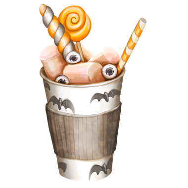   Şeker ve Tatlı Suluboya resimli Cadılar Bayramı Balkabağı Kovası. Şekerler, lolipoplar ve göz bebeğiyle dolu bir Cadılar Bayramı balkabağı kovası. Şeffaf arkaplan ile suluboya clipart. Çocuk tasarımları için mükemmel., 