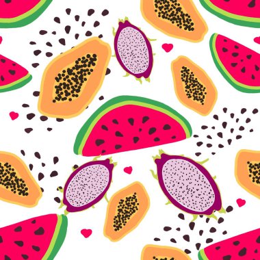  Papaya, karpuz ve ejderha meyvesiyle el yapımı, kusursuz bir yaz şablonu. Beyaz zemin üzerinde parlak tropikal meyveler kumaş, ambalaj ve dijital projeler için mükemmel.