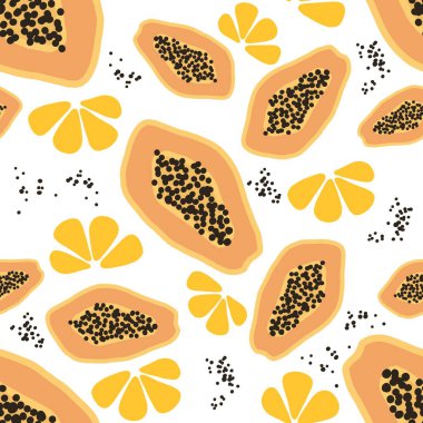   Papaya 'nın el çizimi tarzında kusursuz bir yaz şablonu. Beyaz zemin üzerinde parlak tropikal meyveler kumaş, ambalaj ve dijital projeler için mükemmel.