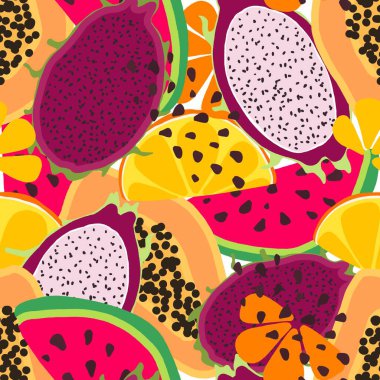 Papaya, karpuz ve ejderha meyvesiyle el yapımı, kusursuz bir yaz şablonu. Renkli arka planda parlak tropikal meyveler kumaş, ambalaj ve dijital projeler için mükemmel.