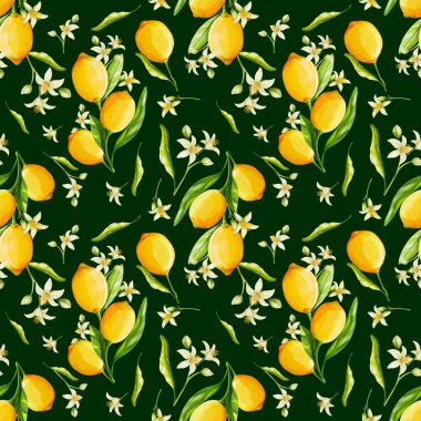   Pürüzsüz suluboya limon desenli parlak sarı meyveler, yeşil yapraklar ve koyu arkaplanda beyaz çiçekler. Yaz kumaşı, ambalaj kağıdı, mutfak dekorasyonu ve dijital tasarım için mükemmel..