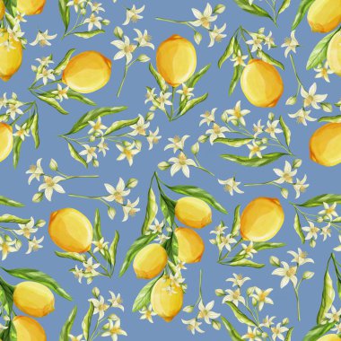   Narenciye dallı kusursuz suluboya limon deseni, sarı meyveler, beyaz çiçekler ve mavi arka planda yeşil yapraklar. Yaz tekstil ürünleri, ambalaj ve ambalaj kağıtları için mükemmel..