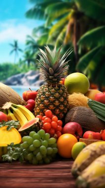 Taze meyveler, rengarenk meyveler, temiz yiyecekler, meyve arkaplanı.