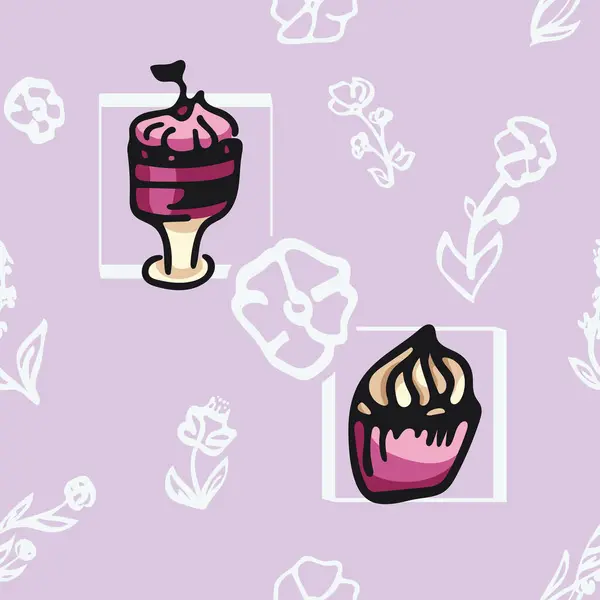 Cute pattern with cakes 21. Seamless endless pattern for coffee houses and cafes. Unique design. Delicate illustration of sweet on a background with flowers. Element for paper, web, cover, fabric, t-shirt, poster, print, artwork, etc.