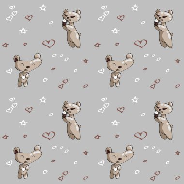 Gri arka planda oyuncak ayılar ve kalplerle kusursuz vektör deseni