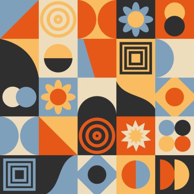 Renkli, retro geometrik modern biçim - bauhaus ve vahşilik ilham verici, kusursuz vektör deseni