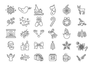 Noel simgesi koleksiyonu - ince çizgi biçimi, vektör 