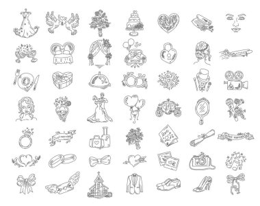 Güzel ince çizgi biçimli vektör düğün simgeleri koleksiyonu