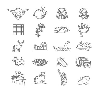 İskoçya 'nın ulusal sembolleri - vektör ince çizgi biçim ikonu koleksiyonu