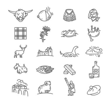 İskoçya 'nın ulusal sembolleri - vektör ince çizgi biçim ikonu koleksiyonu