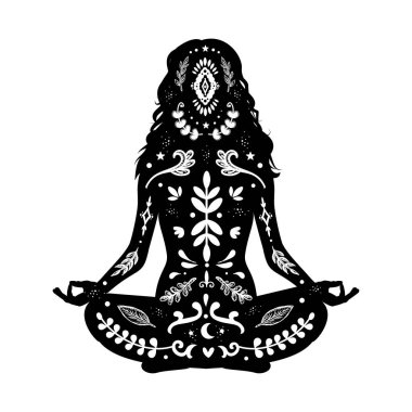 Meditationg kadın vektörünün Boho çizimi