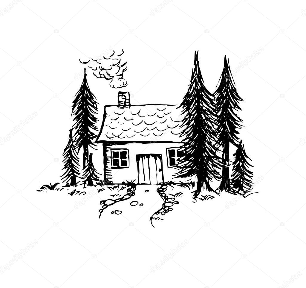 Little House in the woods cute hand drawn illustration with subscription vector