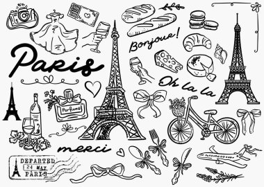 Paris illüstrasyonları - Paris 'in garip el çizimi çizimleri - sembolleri, vektör koleksiyonu