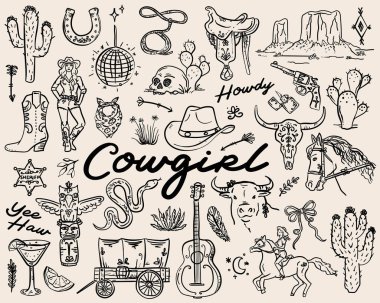El çizimi garip stil Kovboy kız vektör çizimi