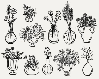 Garip bir el çizimi. Çiçekli tuhaf vazolar. Vektör seti.