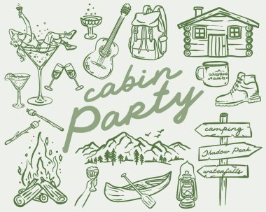 Beautiful whimsical hand drawn style Cabin Party illustration set, vector element collection clipart