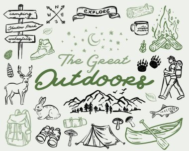 Güzel el çizimi stili The Great Outdoor sillustration set, vektör ögesi koleksiyonu