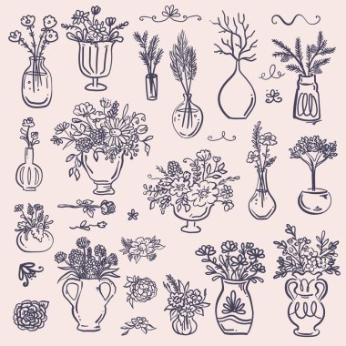 Garip bir el çizimi. Çiçekli tuhaf vazolar. Vektör seti.
